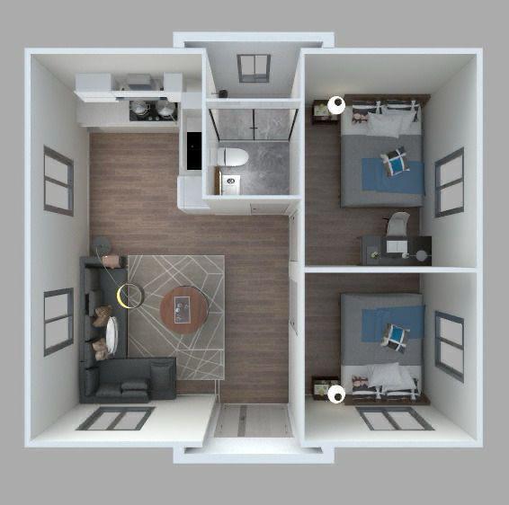 Distribución interior referencial de casa expandible de 36 m²